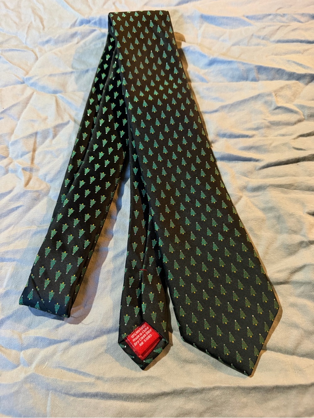 Men's Black Christmas Tie with Green Tree Motif